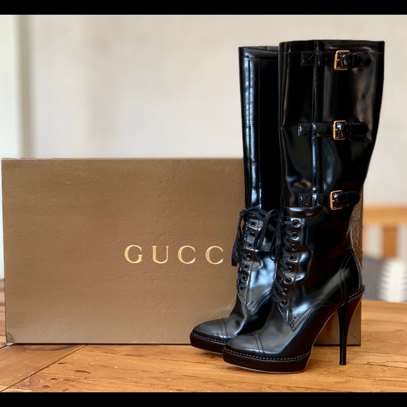 Gucci Black Leather Riddle Lace-Up Boots Size 37 - Picture 1 of 8